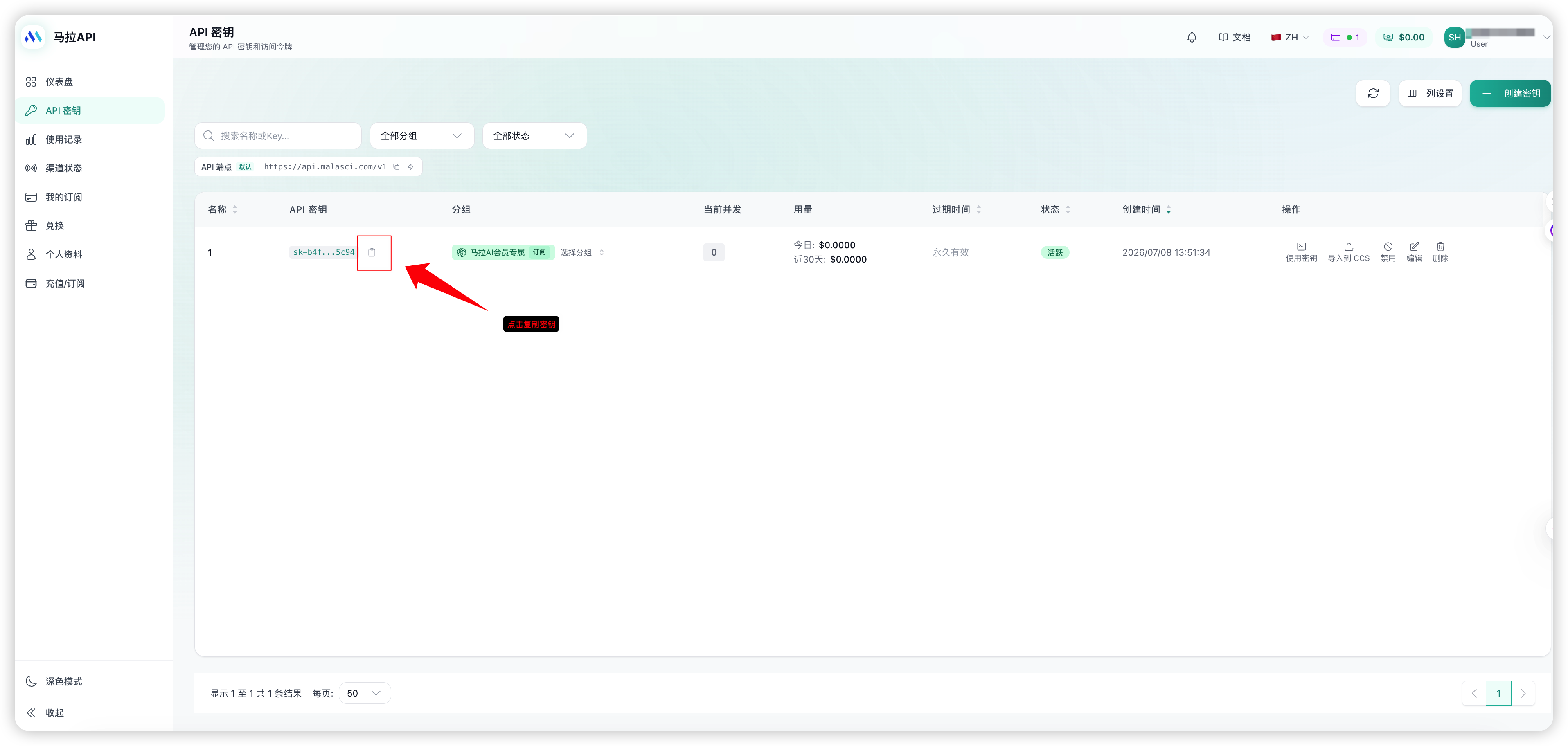 马拉 API 密钥列表中的复制按钮