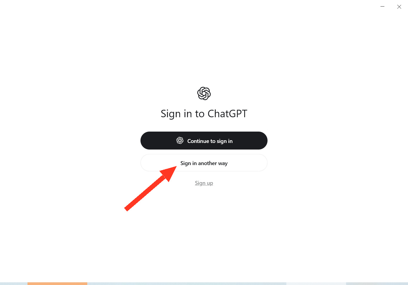 红色箭头指向 ChatGPT 登录页面中的 Sign in another way 按钮